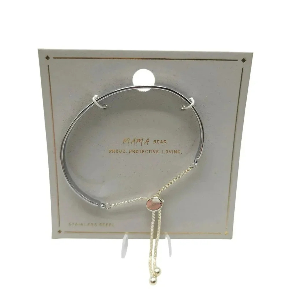 Mama Bear Stainless Steel Adjustable Cuff Bangle Bracelet Silver Tone Vintage
